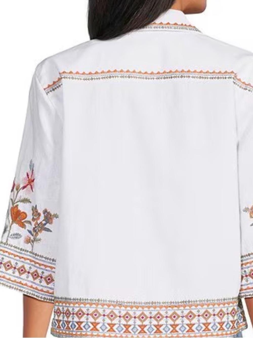 Linen Blend elbow sleeve button front embroidered blouse petite Mediim - Picture 3 of 8